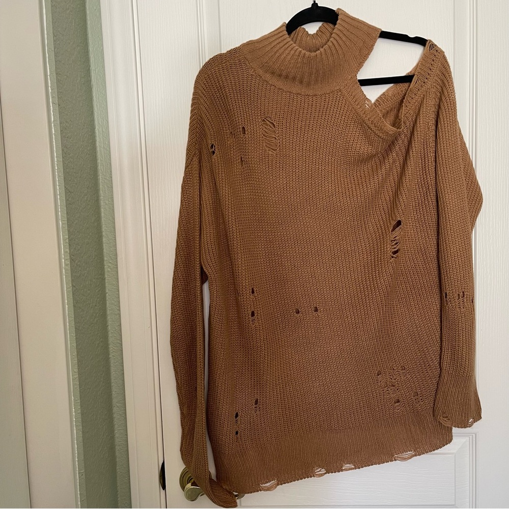Socialite Tan Off The Shoulder Distressed Oversized Sweater Size S